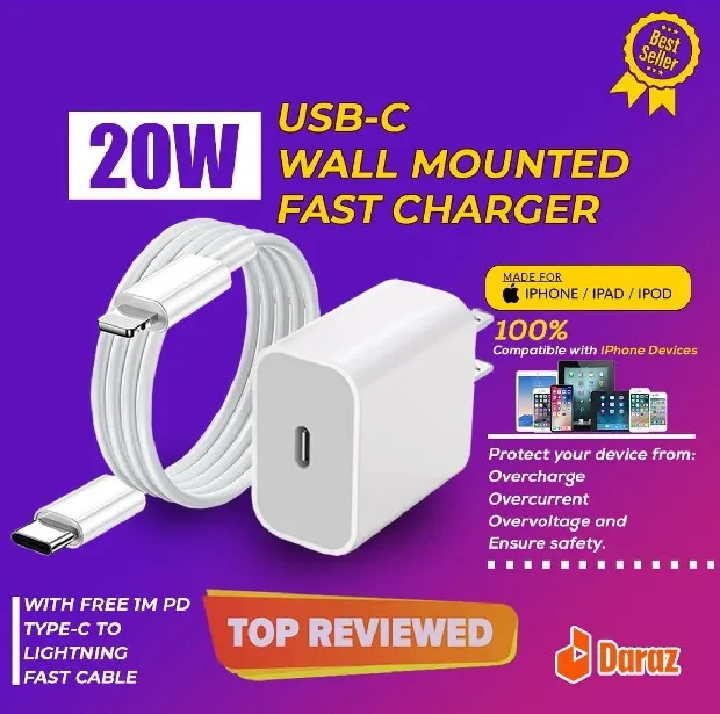 20watt Fast Charger With Cable Type C To Lightening 2pin 20watt Pd Charger Compatible With 7, 8, X, 11, 12, 13, 14