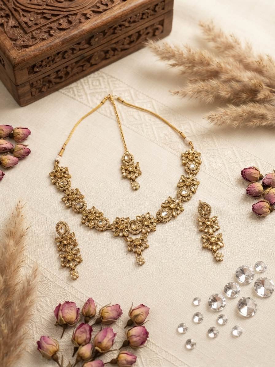 Elegant Floral Design  Stone Necklace Set with Matching Earrings and Tikka | Festive & Bridal Ethnic Jewelry set for girls and women