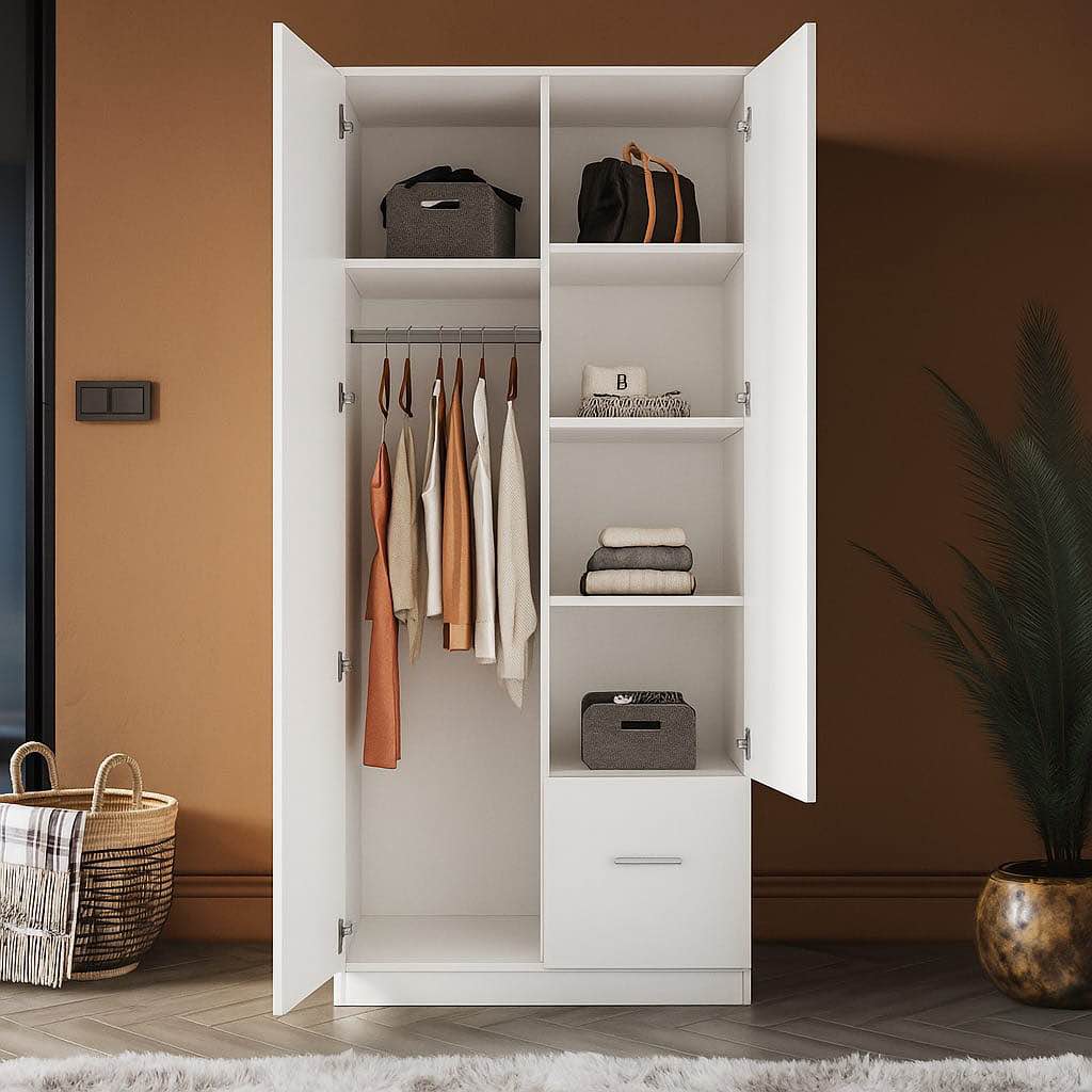 Modern Bedroom Closet Cabinet with Clothes rod And Storage space 66"x30 "two door wooden cupboard , wardrobe cabinet almari, Hitow 2 Doors Wardrobe Armorie, Storage Space Organizer, White