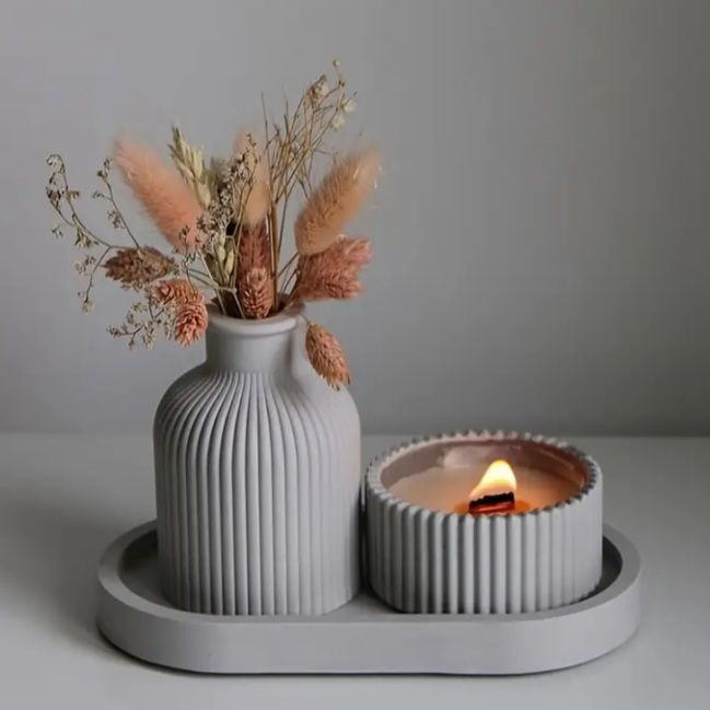 3 Pcs Set of Home Decor  1x Ribbed Concrete Mini Flower Vase, 1x Ribbed Concrete Trinket Jewellery Storage Box & 1x Oval Shaped Concrete Trinket Tray  Storage & Organisation  Decorative Accents  Jewellery Armoires & Boxes  Gift Sets
