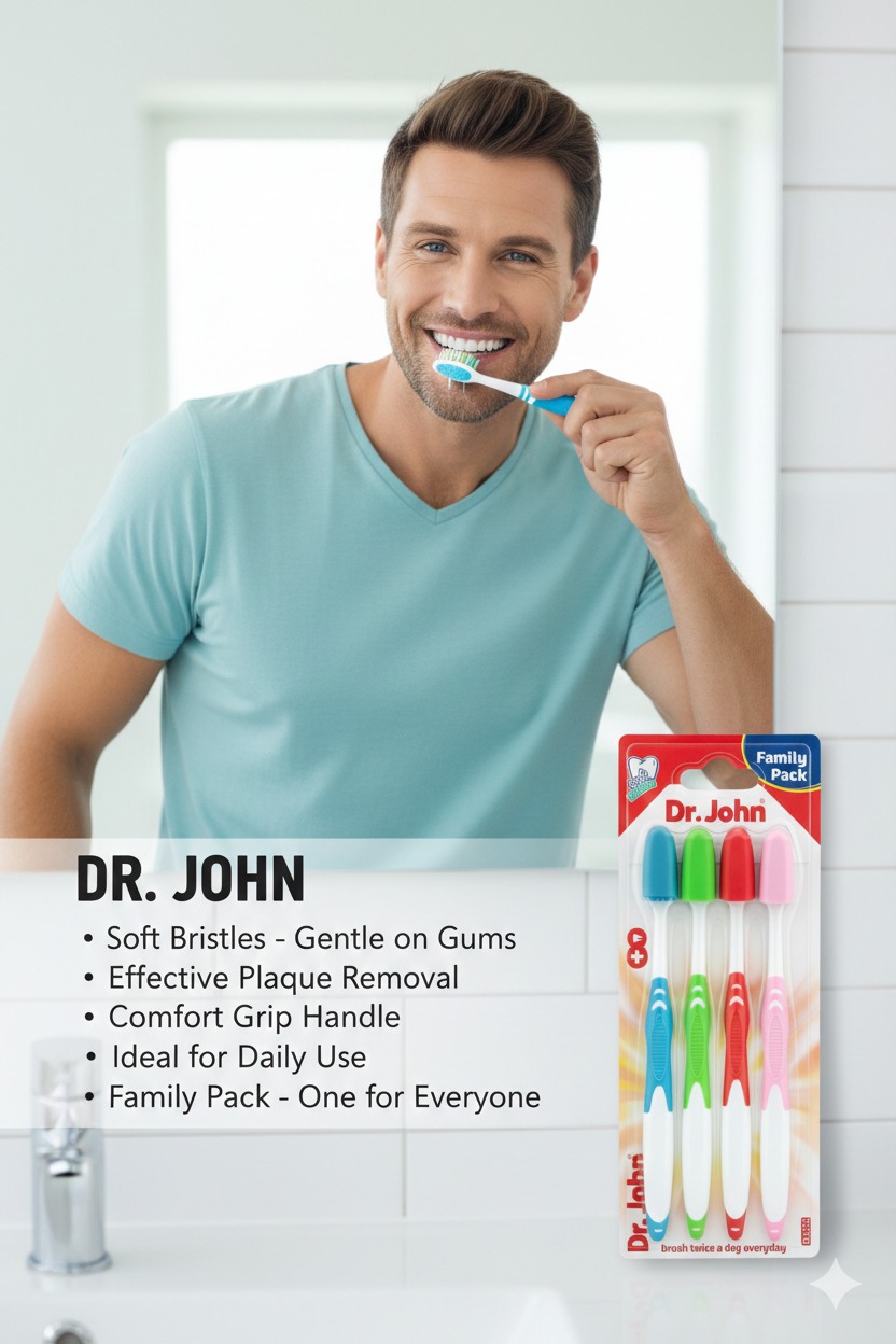Pack of 4 Toothbrushes-Dr. John Family Pack Toothbrushes with Comfort Grip & Soft Bristles – Deep Cleaning, Gum Protection, Easy Grip Handle, Ideal for Daily Oral Hygiene