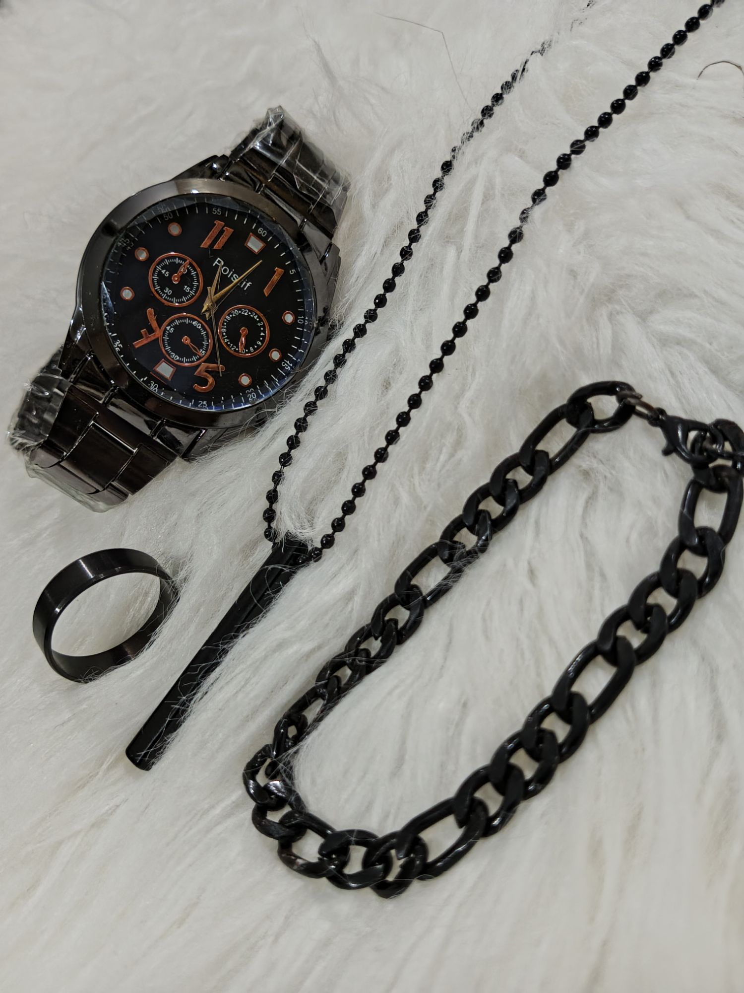 4 pcs New Men's Fashion Black Business Watch Set Top  Fashion High Quality Casual Quartz Wristwatch and Necklace Ring Bracelet Accessory Set for Men Happy New Year Watch gift Set For Men