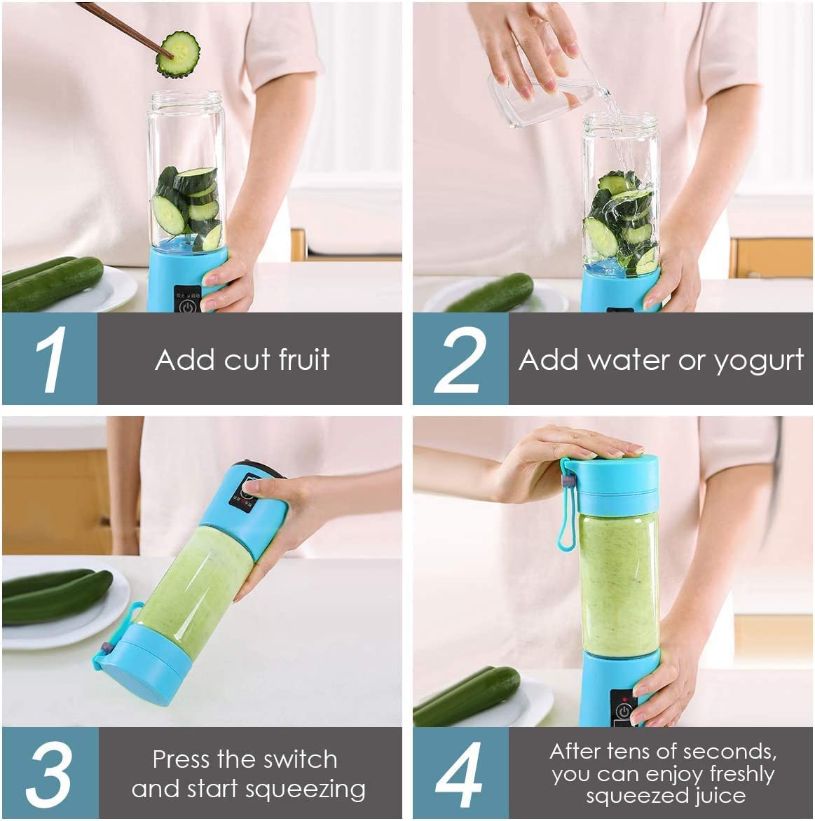 Portable 6-Blade Juicer Blender With Built-in Jar, Mixer Bottle, USB Rechargeable Personal Size Grinder for Juices, Protein & Milk Shakes - 380ml (Multi Colour) (No Color Choice)