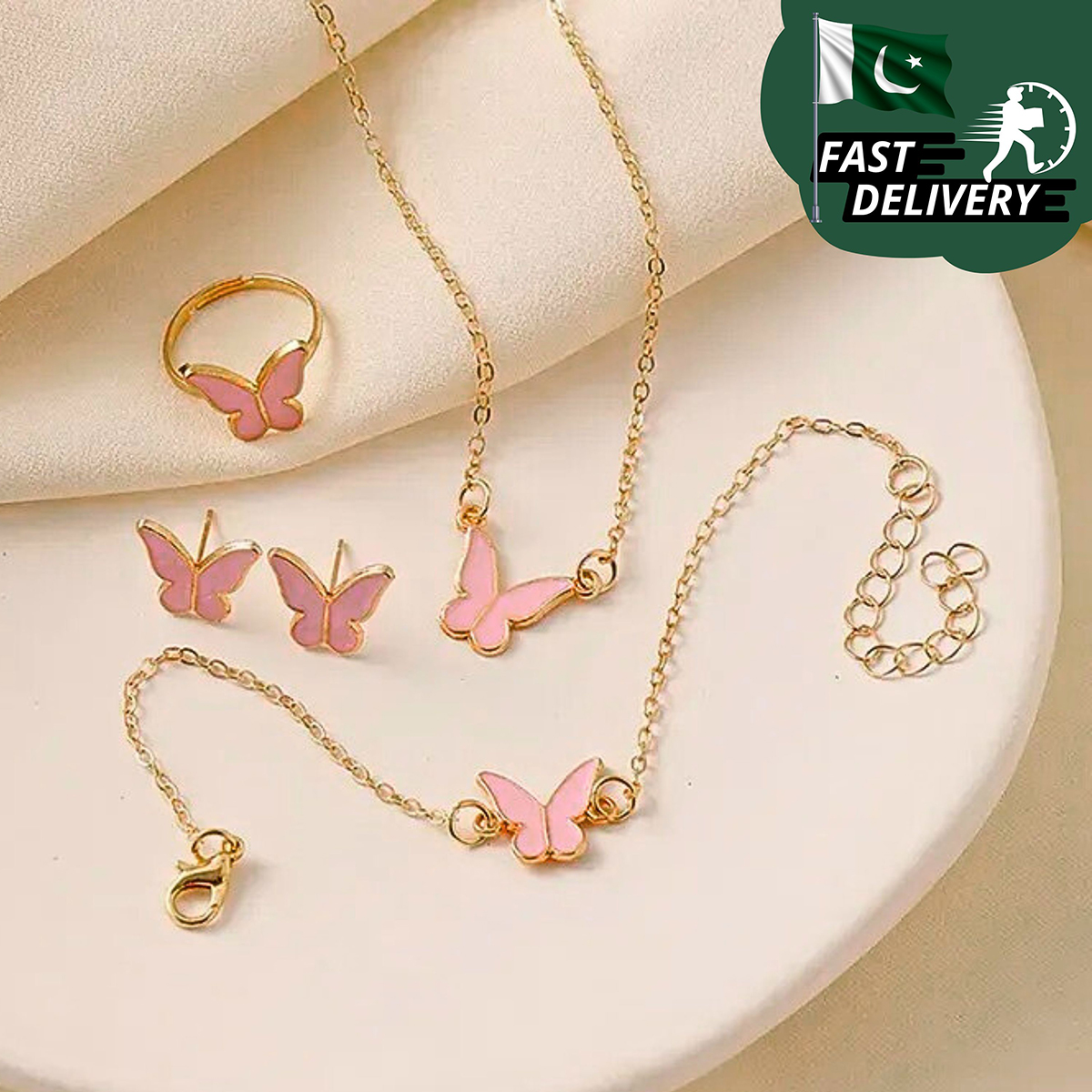 1Set Fashion Exquisite Simple Versatile Butterfly Necklace Bracelet Earrings Ring For Women Girls Wedding Party Jewelry Set