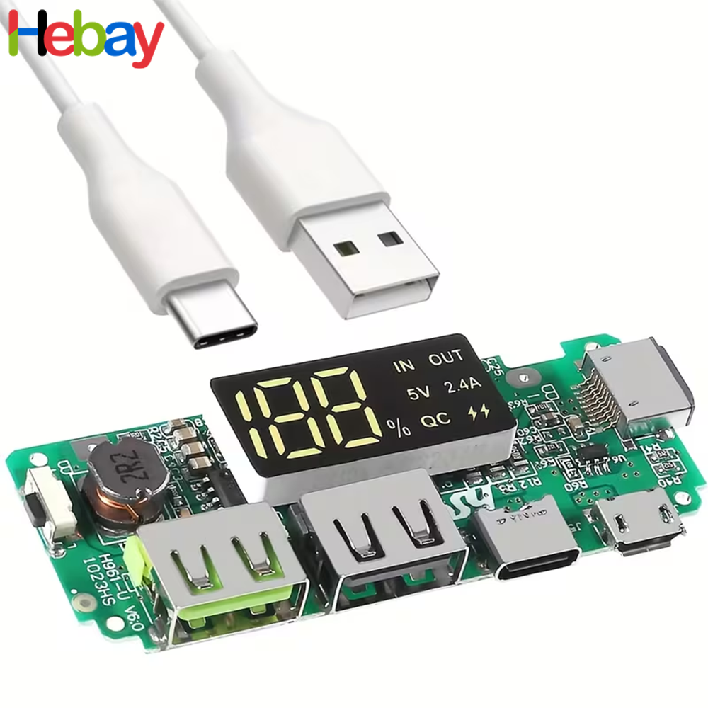DIY Power Bank PCB Module 5V 2.4A Fast Charging Board with LED Battery Display, USB-A, Type-C, Micro USB & Lightning Input for 18650 Lithium Battery |