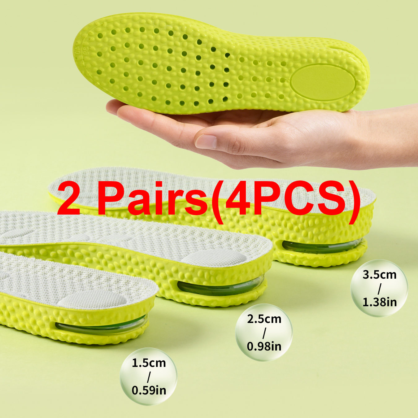 2 Pairs/4 PCS Air-Cushioned Height-Increasing Insoles High-Elasticity Latex Comfortable Shock-Absorbing Breathable Insole