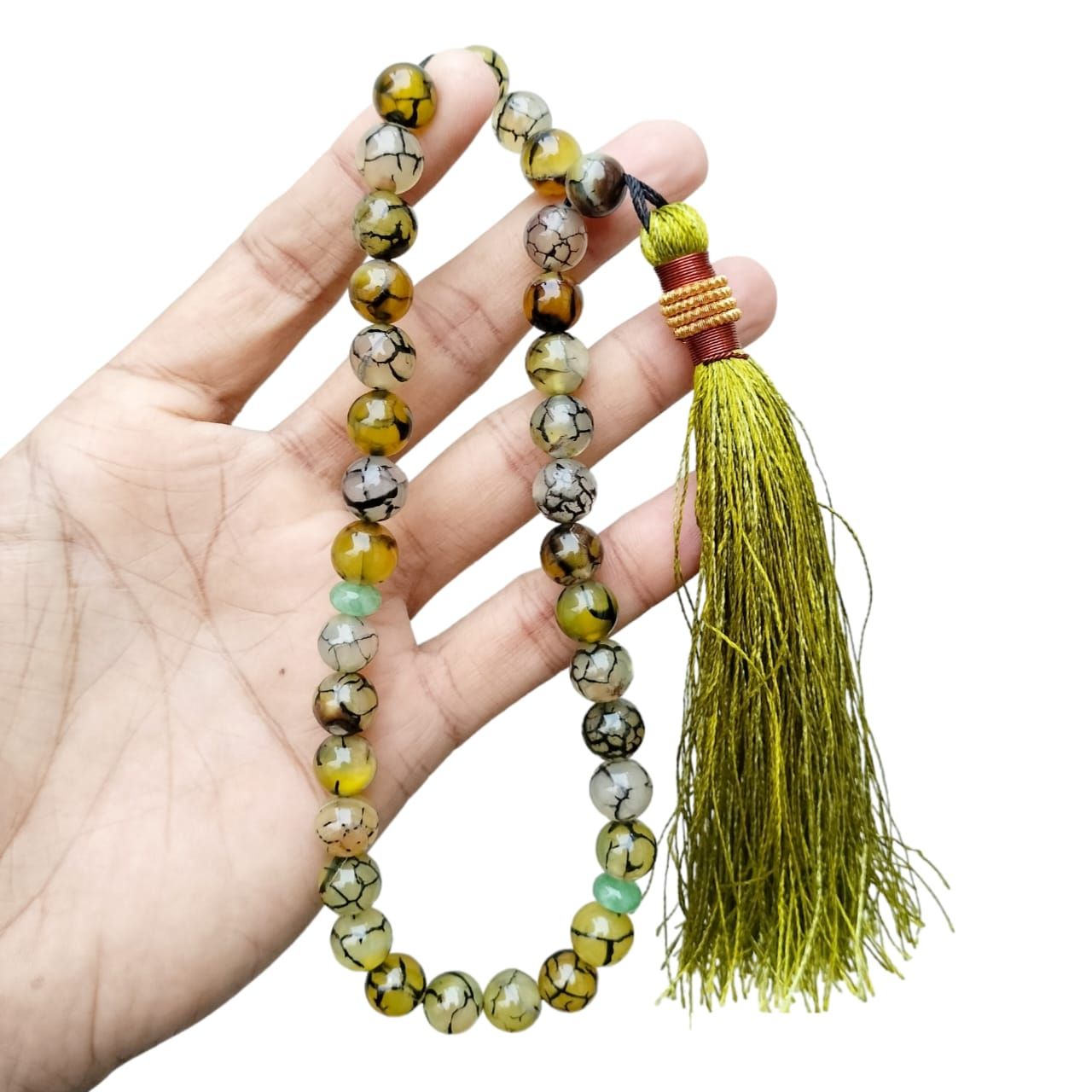 Green Yellowish Shajri Aqeeq Stone Tasbeeh 33 Beads 10mm Size