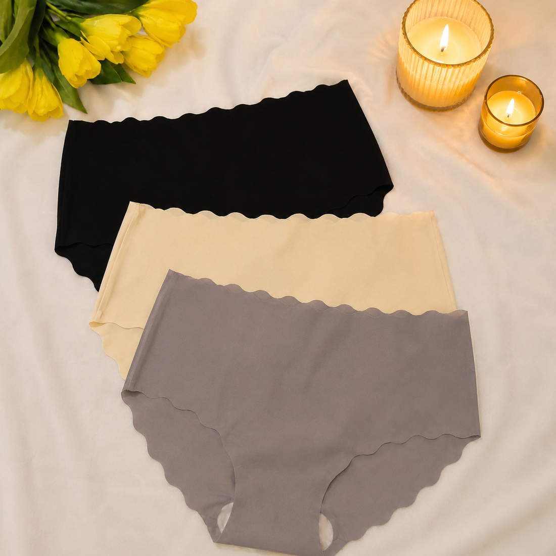 Pack of 3 Ice Silk Seamless Panties for Women | Soft Solid Color Women's Briefs | Elastic Ultra Thin No Show Underwear | Wavy Edge Comfortable Daily Wear Panties for Ladies & Girls