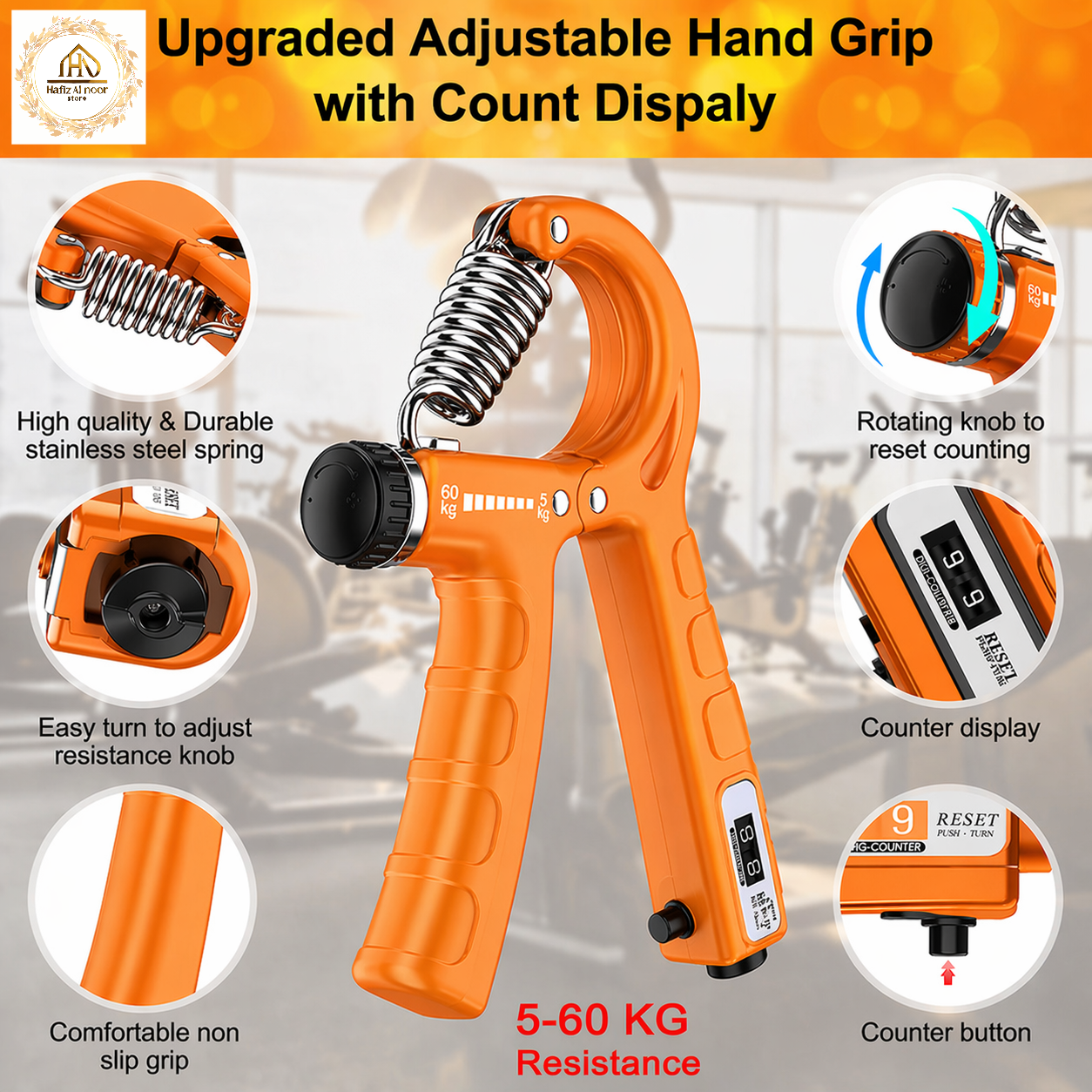 Hand Gripper Adjustable 5–60KG with Counter Grip Strengthener Heavy Duty Forearm Wrist Exerciser Gym Trainer Non-Slip Handle R-Shape Fitness Equipment for Home & Gym