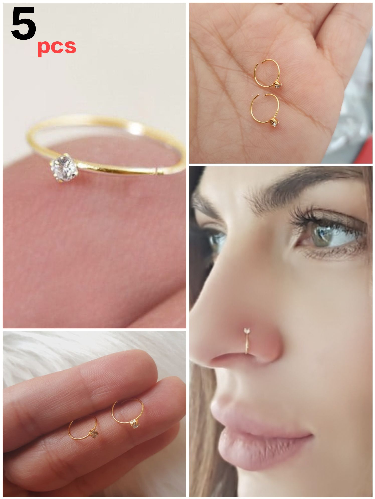 Single Stone Nose Ring (5 pcs) Golden color and multicolor Nose cuff for Nose piercing and non piercing, ear hooks, One Diamond clustered Nose