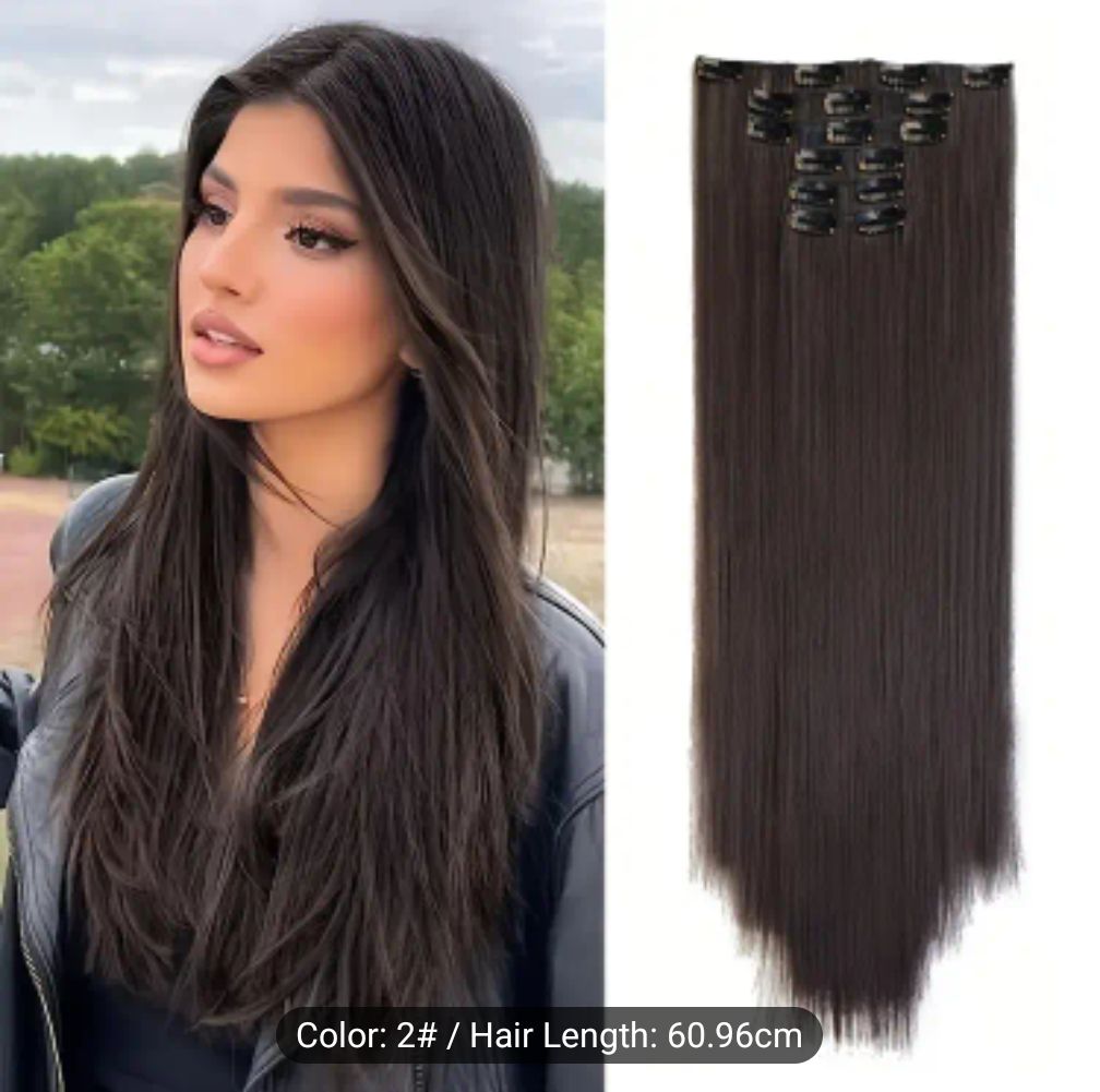 Clip-In Hair Extensions for Women 7 Pieces 16 Clips - Thick Long Lightweight Hairpiece - Jet Black, Brown, Golden & Burgundy
