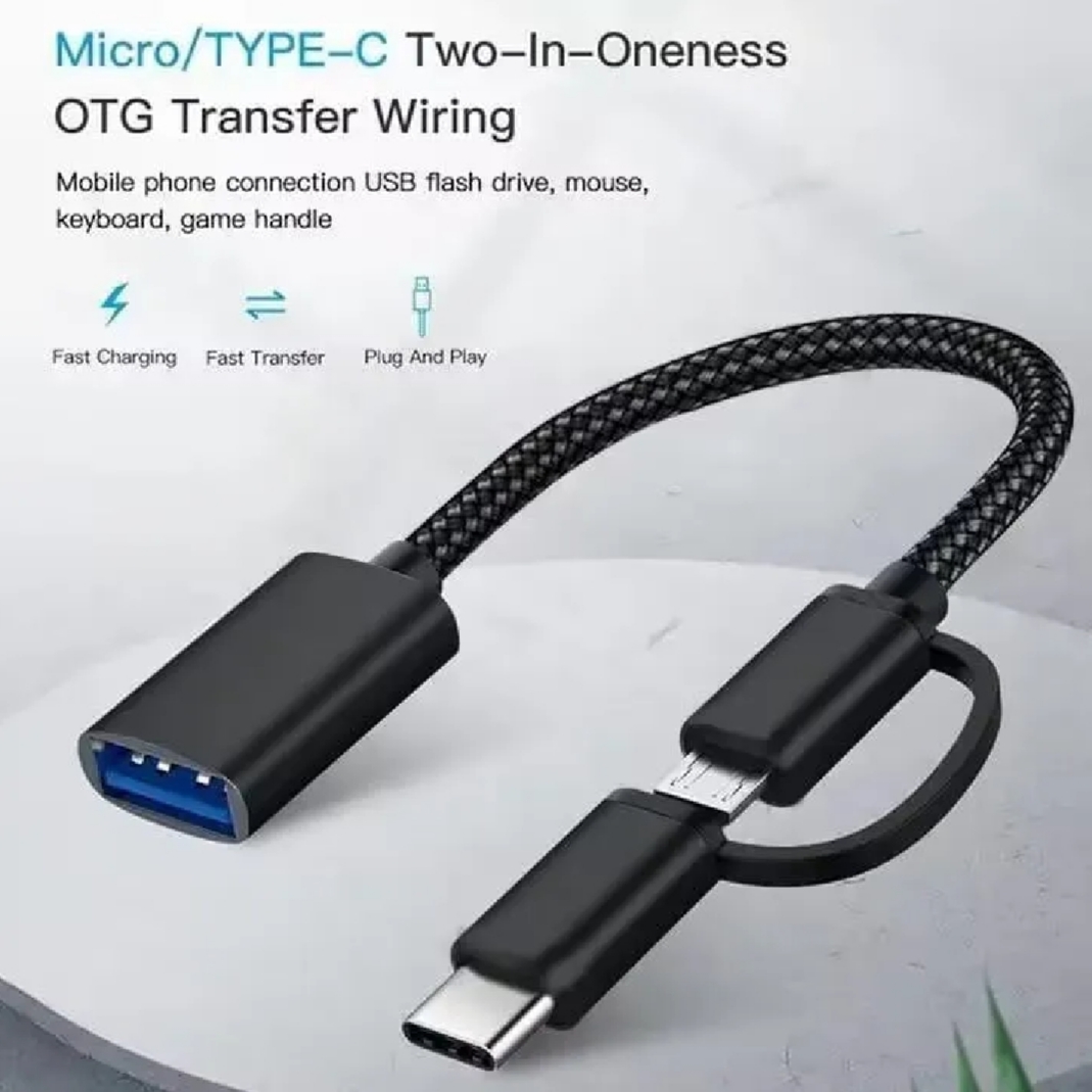 2 in 1 Type C + Micro USB OTG Adapter USB 3.0 | Alloy Frame With Frabric Wire | High Speed Data Transfer Pendrive Connector for Android Mobile Tablet Laptop | Type C & Micro USB OTG Cable