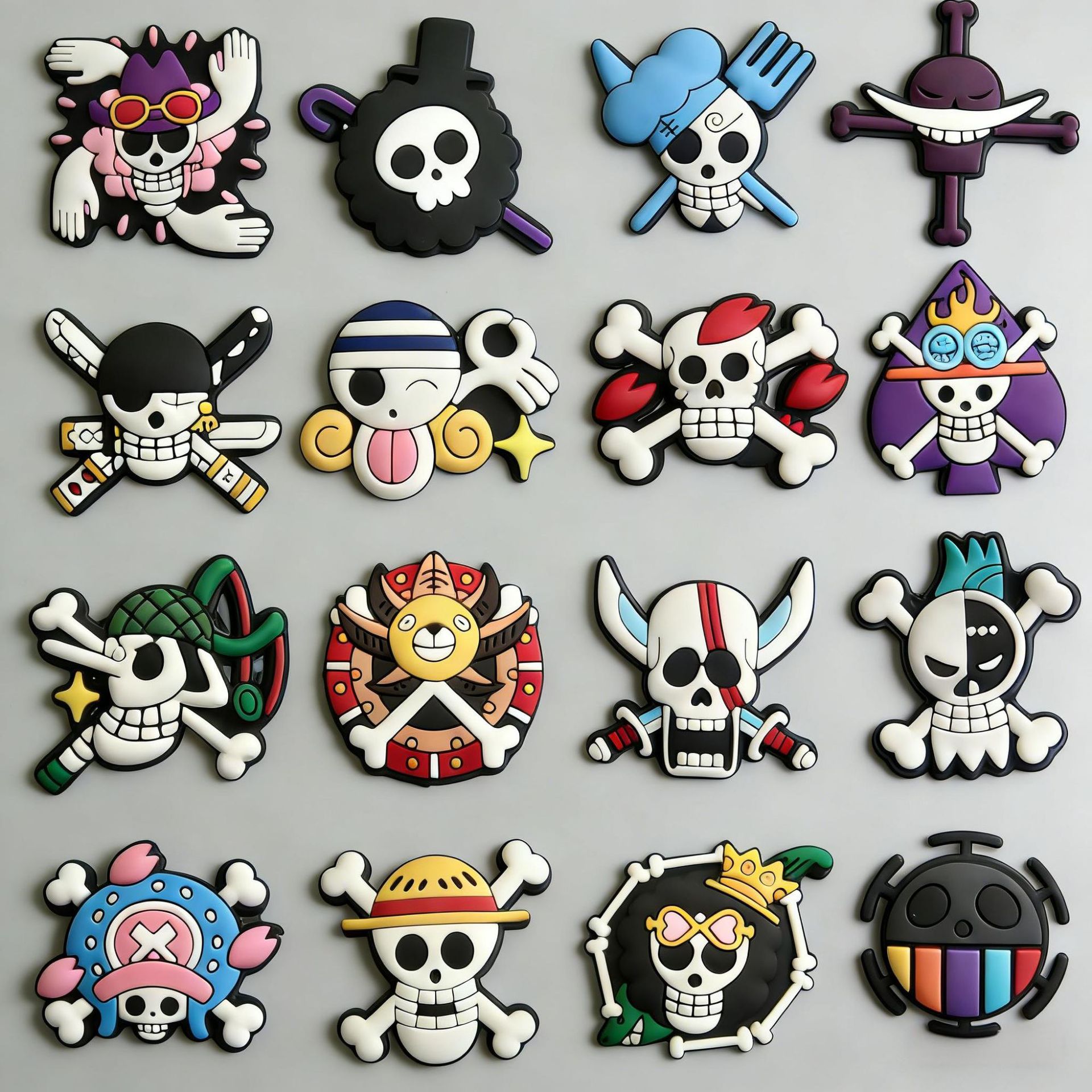16Pcs Set Cool One Piece Pirate Skull Logo Shoe Charms For Slides Sandals DIY Custom Accessories PVC Ornaments For Clog Shoe Bag