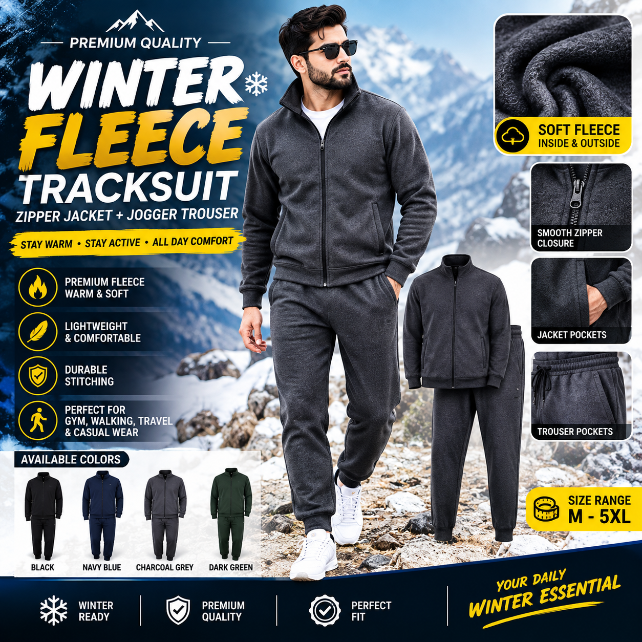 Men's Winter Fleece Tracksuit 2 Piece | Full Zip Jacket & Jogger Trouser | Warm Sports Suit for Gym, Jogging & Casual Wear