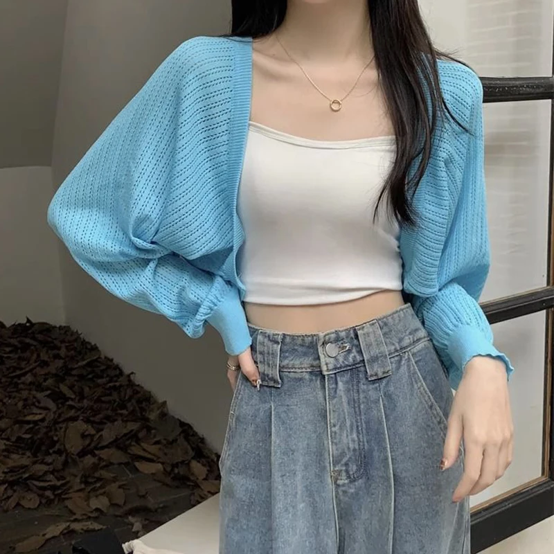 Fashion Hollow Out Sunscreen Cardigan Women Lantern Sleeve Thin Short Knitted Cardigans Woman Elegant Simple Crop Smock Top