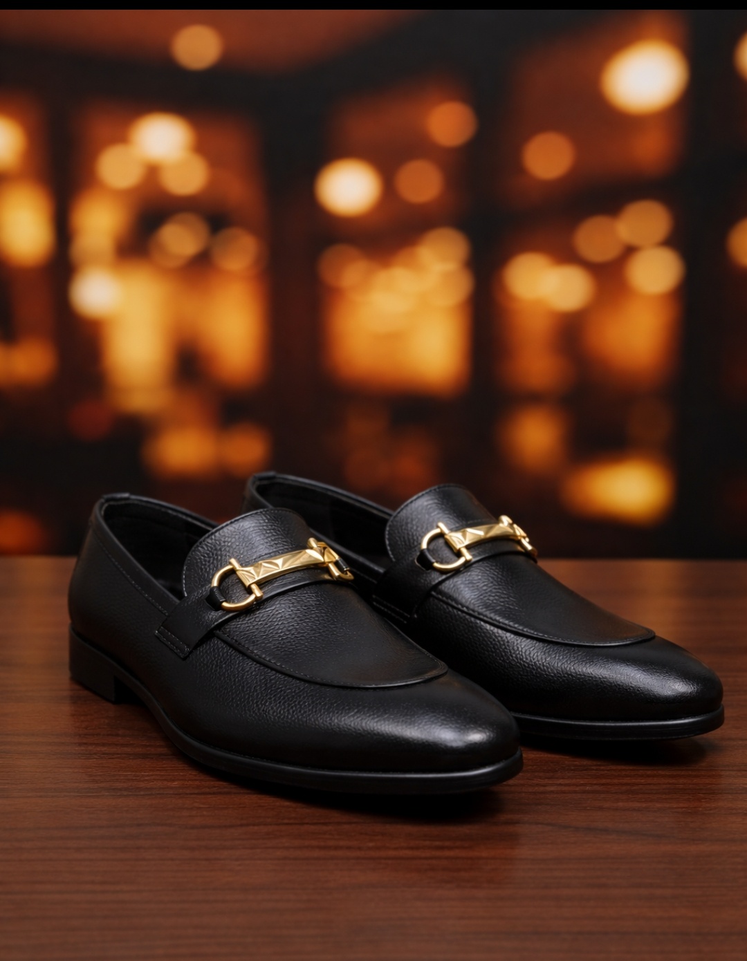 Men’s Black & Brown Synthetic Leather Formal Loafers with Gold Buckle