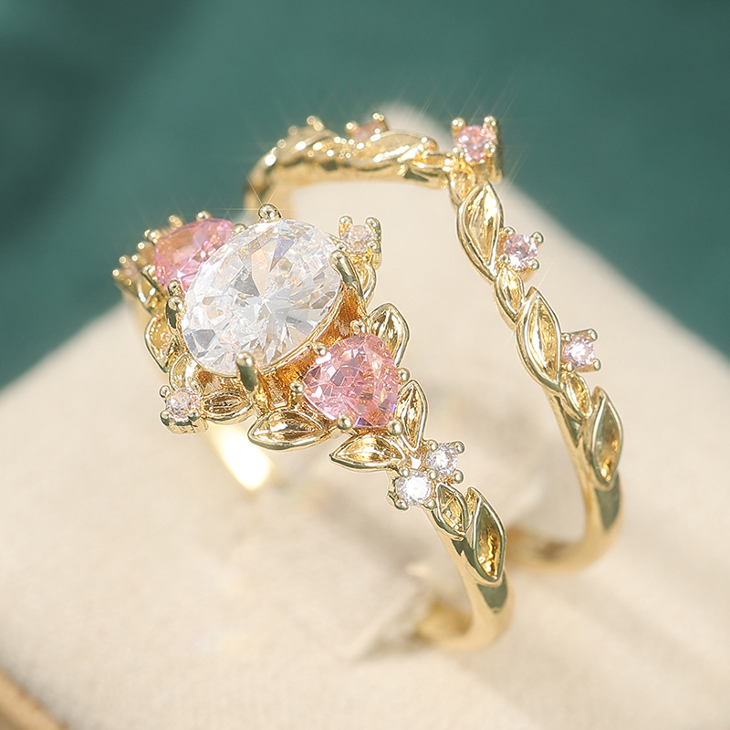 2 Pcs/set Retro Elegant Pink Synthetic Zircon Ring, Ladies' Engagement Proposal , Jewelry