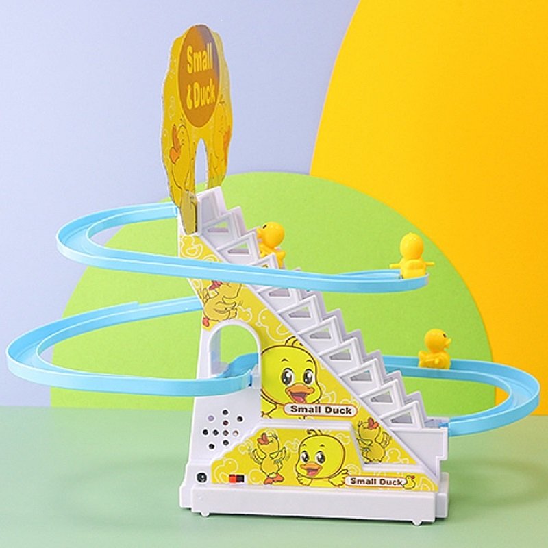 Small Duck Slide Toy,Electric Duck Climbing Stairs Tracks Slide Toy Set,Duck Roller Coaster Toy with Flashing Lights & Music On/Off Button
