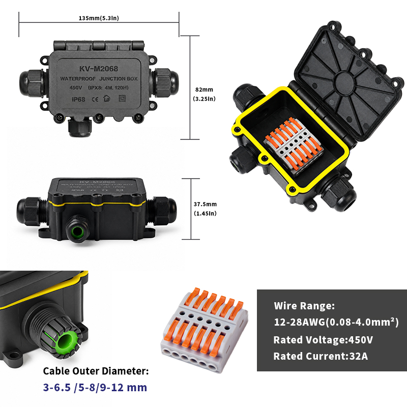 IP68 Waterproof Junction Box 2-8 Way 6 Pole Electrical Wire Connector 32A 450V 0.08-4.0mm² Cable Splice for Outdoor Lighting