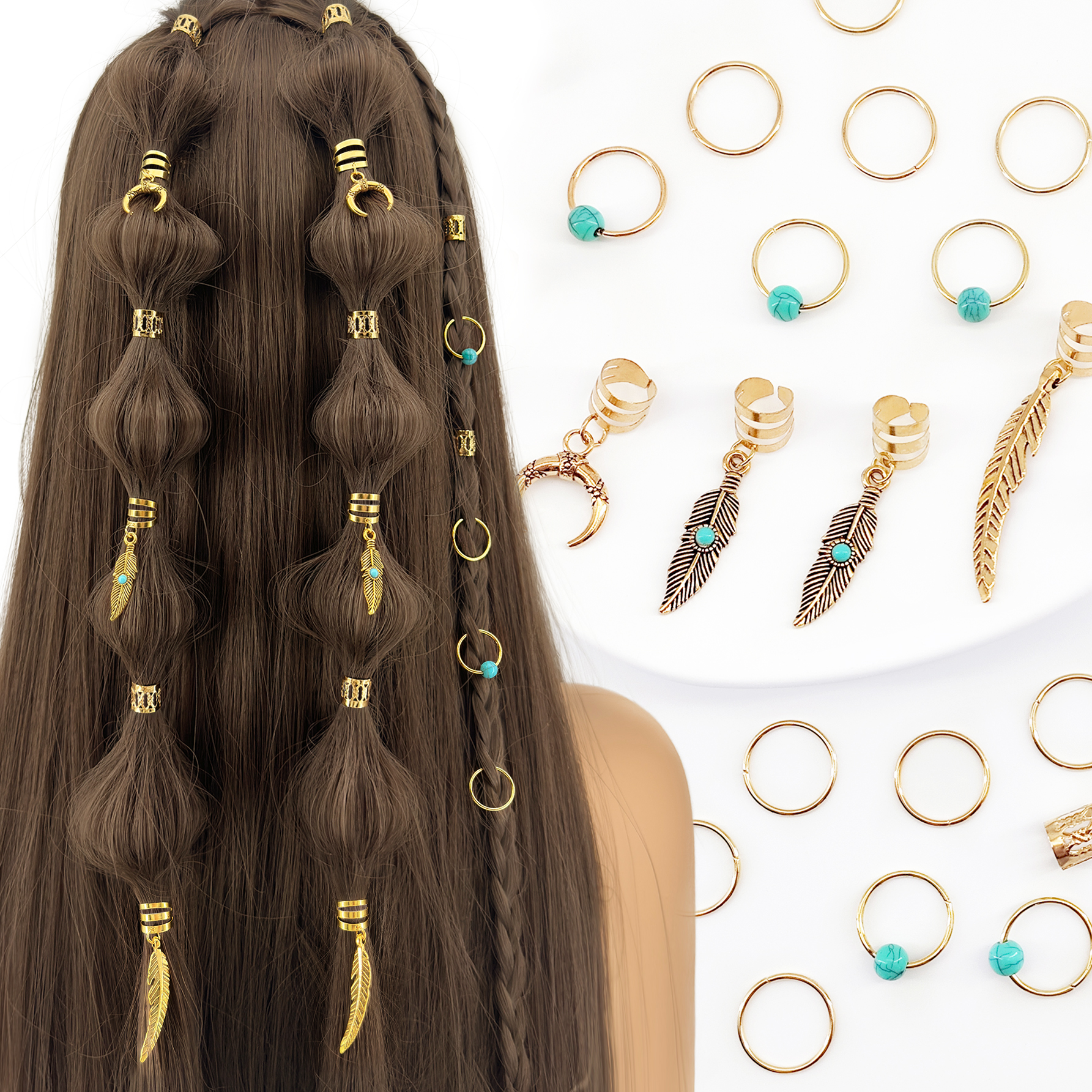 31Pcs Turquoise Pendant Dreadlock Braid Hair Beads Braids Hair Rings Hippie Style Hair Accessories Loc Hair Jewelry  For Women