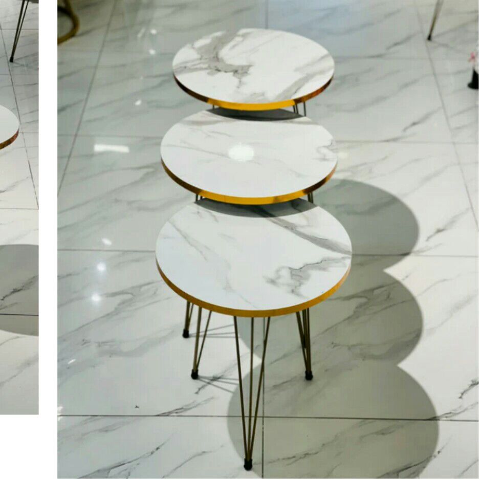 1 PCS - SET OF THREE PCS ROUND MARBLE COFFEE TABLE HIGH GLOSS NESTING- ROUND STACKING COFFEE SIDE TABLES WITH THREE STYLISH METAL LEGS FOR HOME & OFFICE.