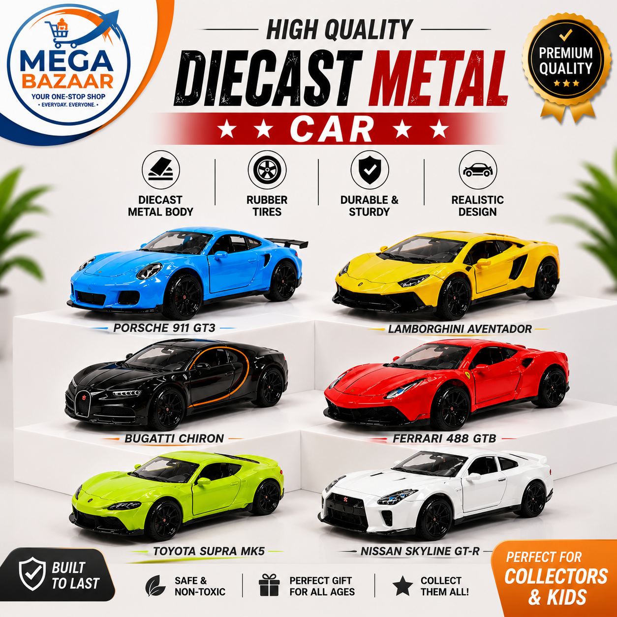 Alloy Metal Diecast Sports Car Model Showcase - 1:32 High-Detail Premium Vehicle Display - Limited Collector Edition Bugatti, Toyota Supra, Nissan GTR, Lamborghini