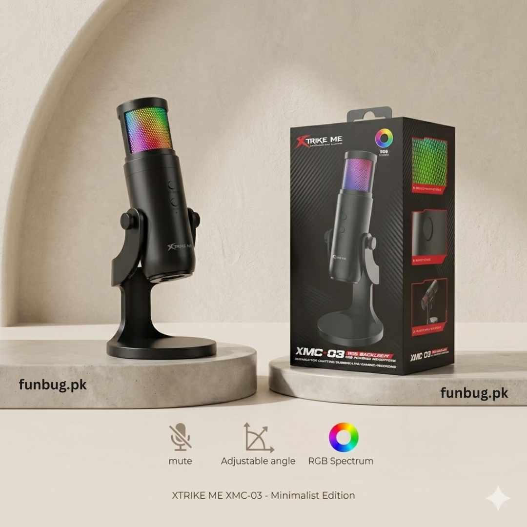 Xtrike-Me Professional Condenser Microphone for Studio Recording - USB Powered Omnidirectional Dynamic Gaming Mic for Mobile, PC, Desktop, Podcasting, Live Streaming, Singing, ASMR, Youtube - 12 RGB Lighting Modes - 360° Rotatable Body - XMC03 by FunBug