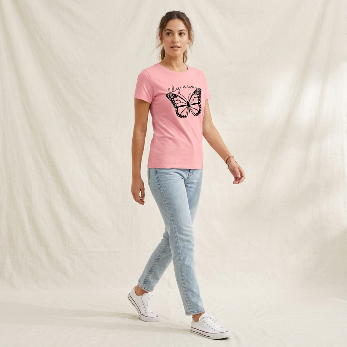 Pink Fly Away Butterfly Printed Half Sleeve O Neck T Shirt for Women