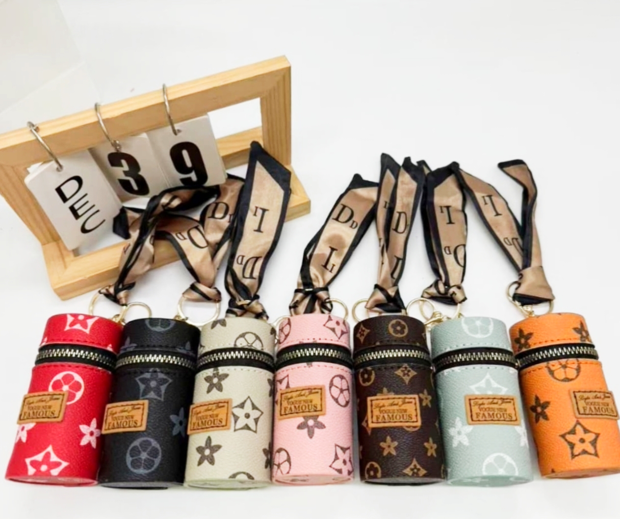 Leather Key Chains Lipstick Holder Flower Plaid Silk Scarf Keychains Fluorescent Storage Bag Charm Pendant Women Car Keyring Ring Gift Fashion Jewelry Accessories Aira China product
