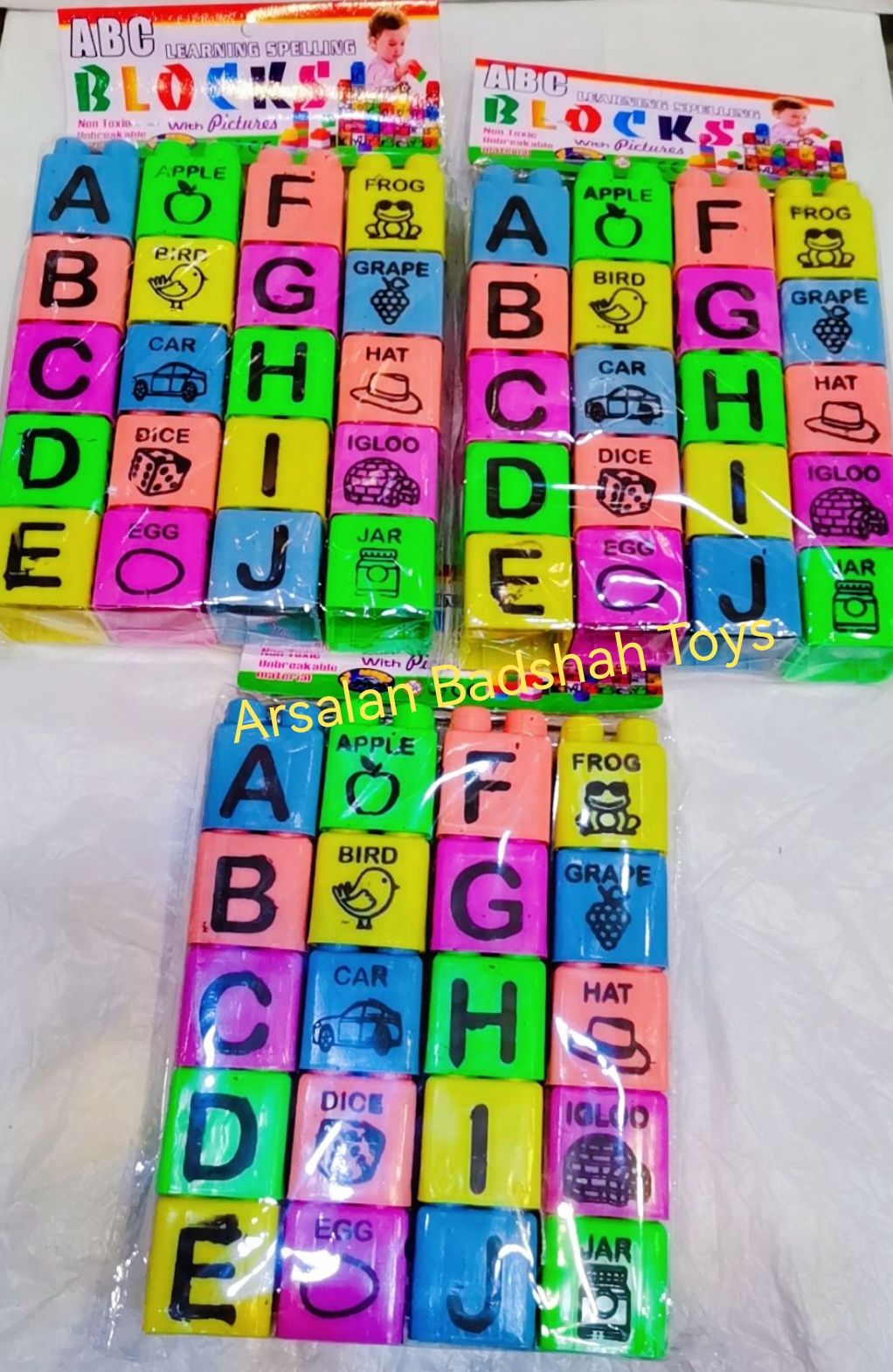 Educational Blocks Toys Set , Alphabet Letters Words -A to Z , Counting 1to 20 - Learning Spelling. (Local made Plastic) ( Small Size Block).