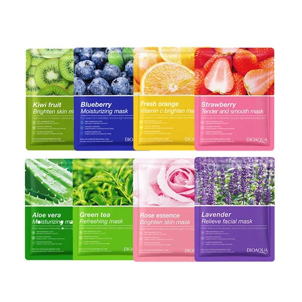 BIOAQUA Fruit Extract Facial Sheet Mask Moisturizing Brightening Hydrating Face Mask Set with Blueberry Green Tea Orange Strawberry Kiwi (Pack of 5)(Random)