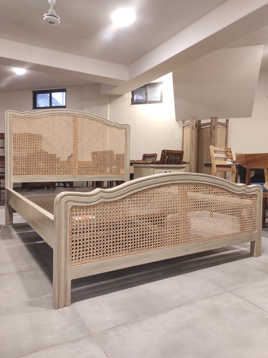Rattan Cane King Size Bed with 2 Side Tables ( Sheesham Solid Wood )