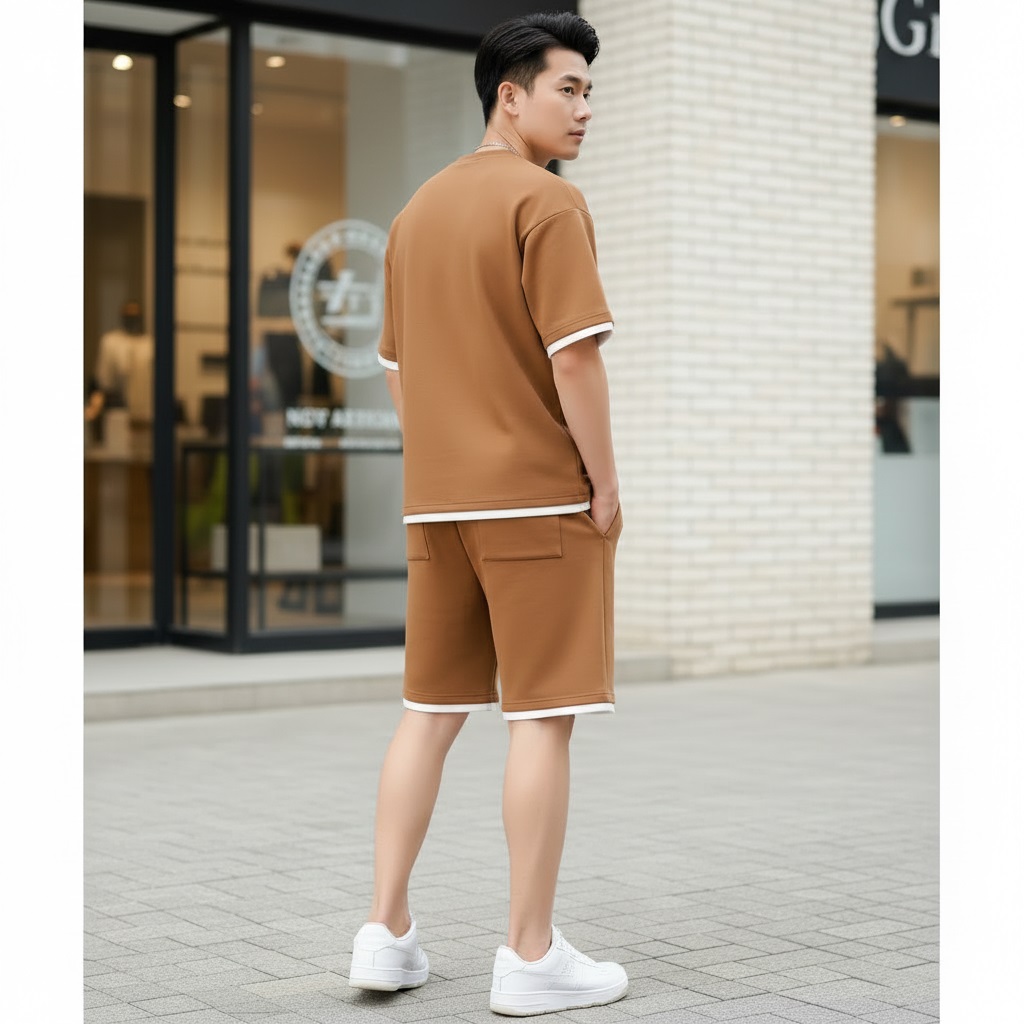 Men's Brown Printed Summer Tracksuit Set (T-Shirt & Shorts)