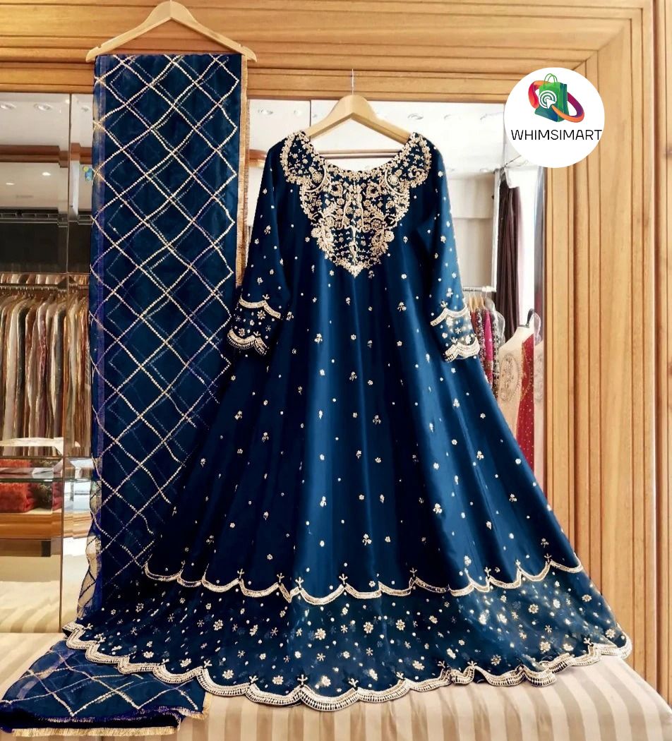 embroidered maxi dress pakistani Blue Maxi Dress Festive Embroidered Net