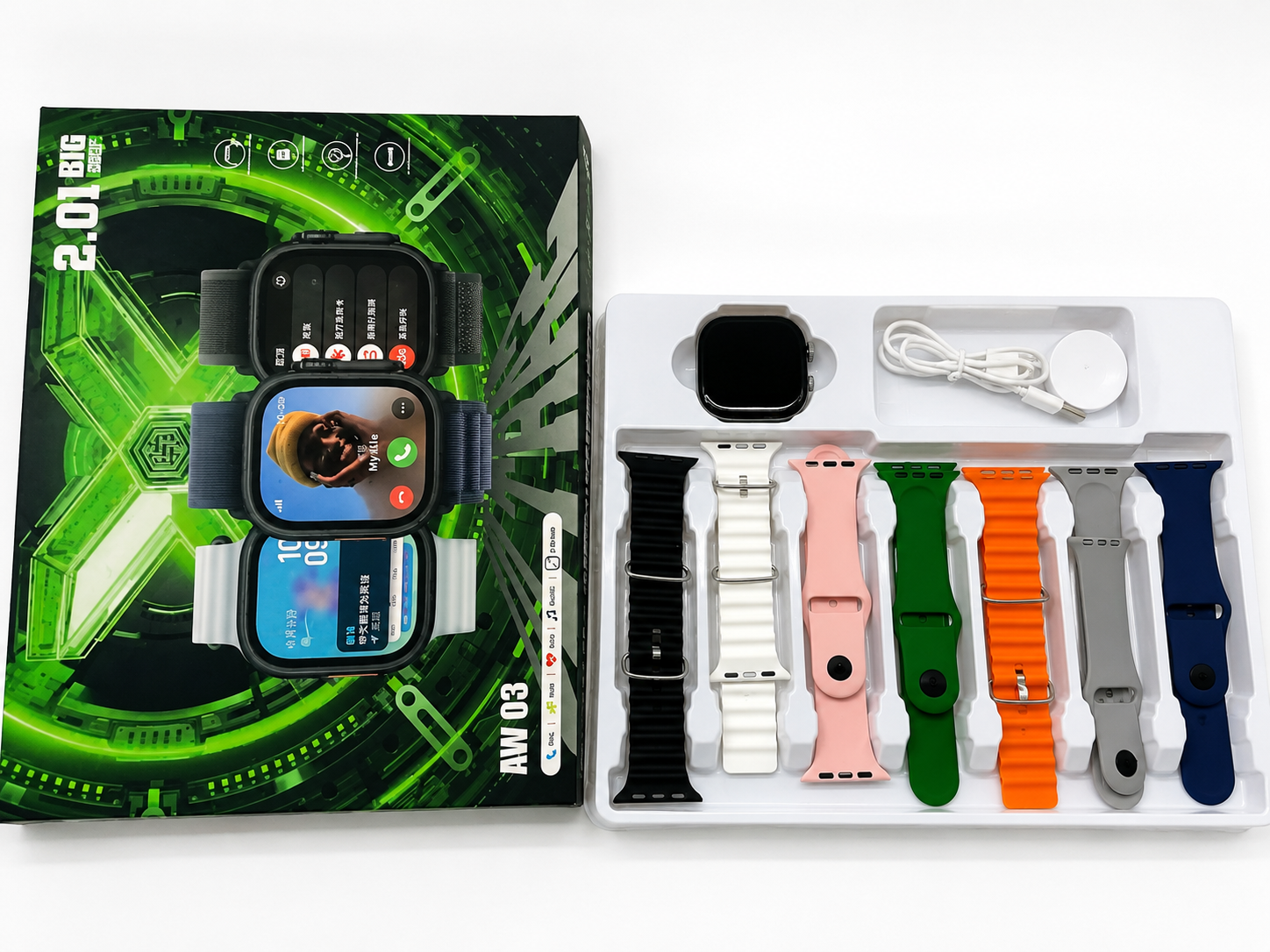 AW03 Smart Watch 7 in 1 Straps 2.01 Big Display Wireless Charging + 7 Silicon Straps For Boys Girls