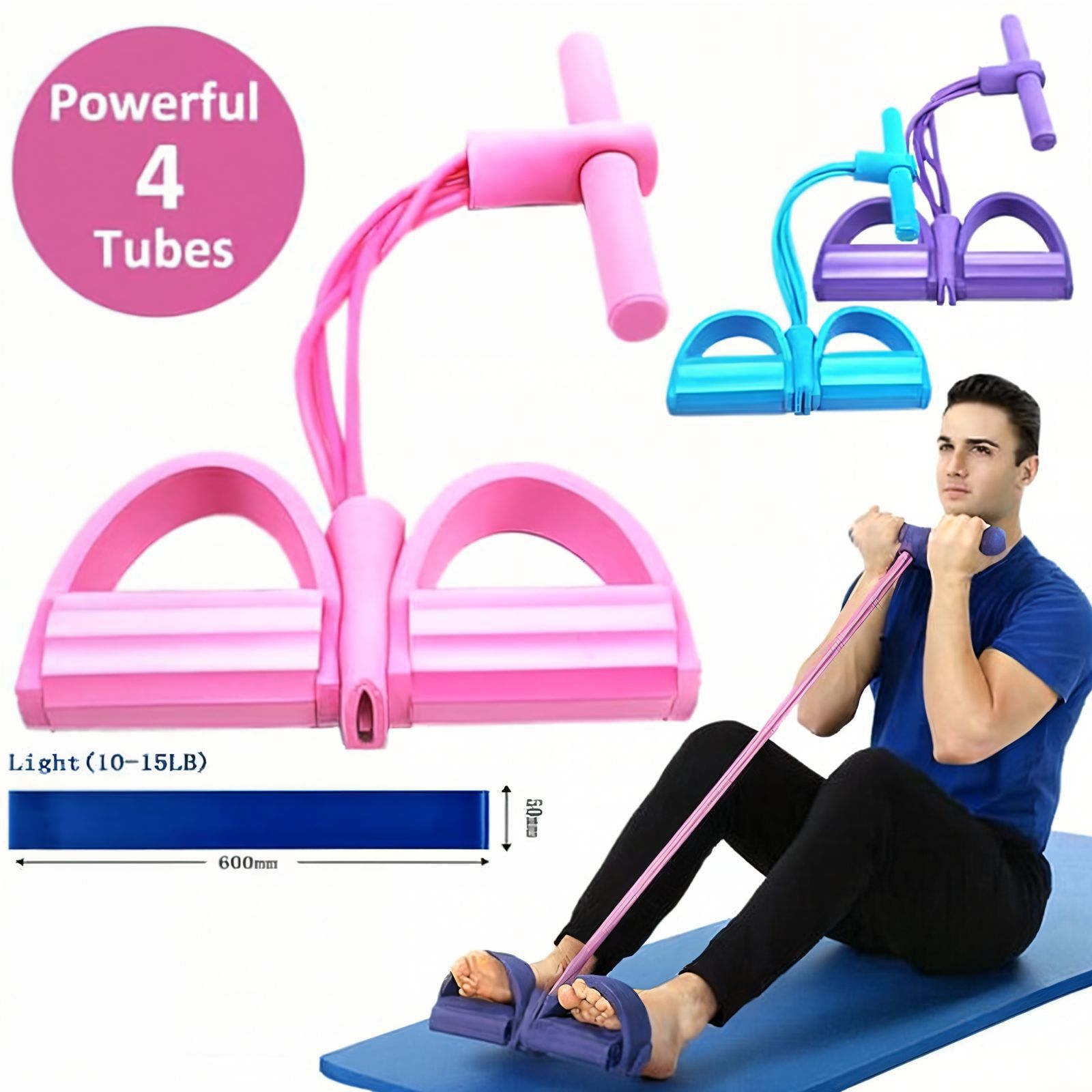 Tummy Trimmer Pedal Exerciser 4 Tube Resistance Band – Sit Up Pull Rope for Abs, Legs, Arms Home Gym Workout Equipment