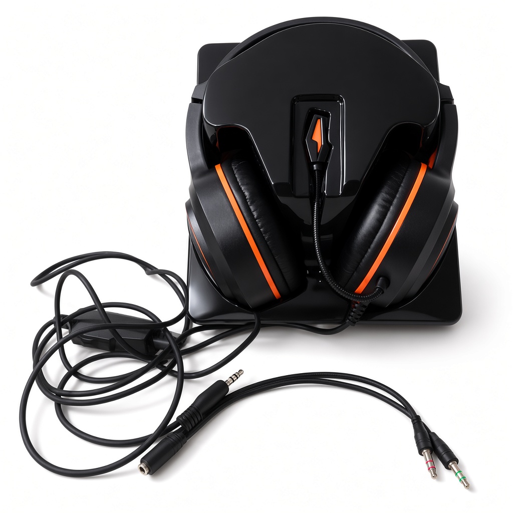 HI-FAST HB-03 Gaming Headphone Extra Bass Wired Headset with Mic | 3.5mm Dual Splitter for PC PS4 Xbox Laptop Mobile | Black Orange Over Ear Headphones with Stand