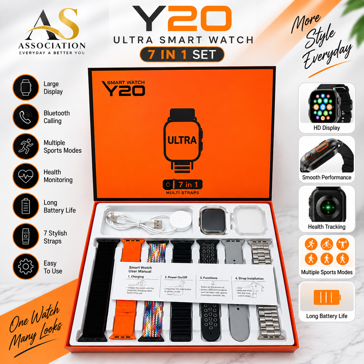 Y20 Ultra Smart Watch With 7 Straps 49mm Large Screen Wireless Charging Waterproof with Bluetooth Calling