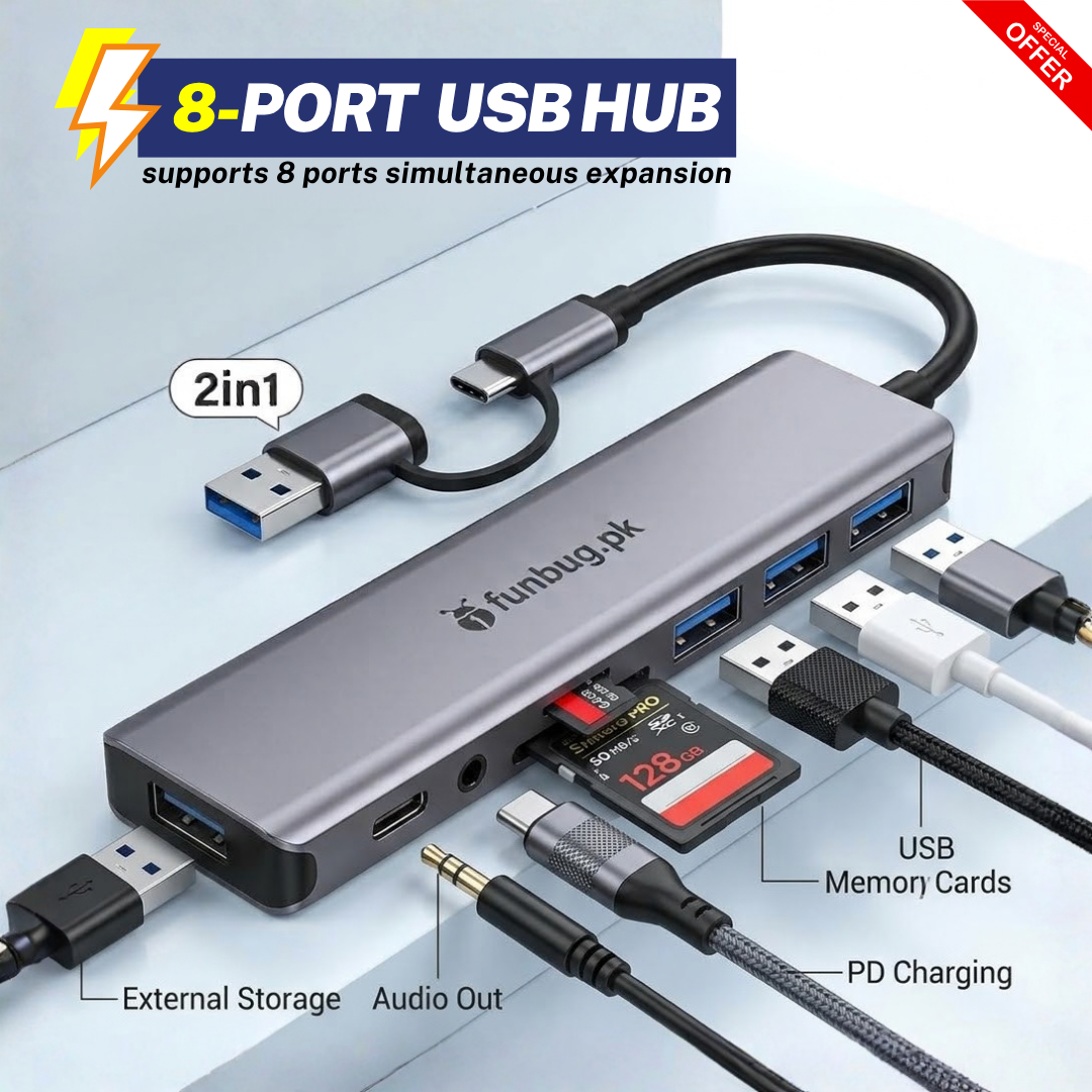 FunBug USB 3.0 Hub 4, 7 & 8 Port Extension for Mobile Gaming PC Laptop ~ Super-fast Type-C Multi Splitter Adapter with SD/TF/AUX for Windows / Android / PS4 / Phone / Tablet / Computer / Keyboard & Mouse