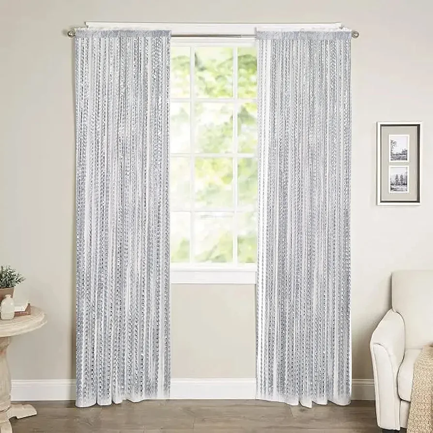 Beaded Flash Tassel Shiny String Curtain Door Room,200by100-Silver
