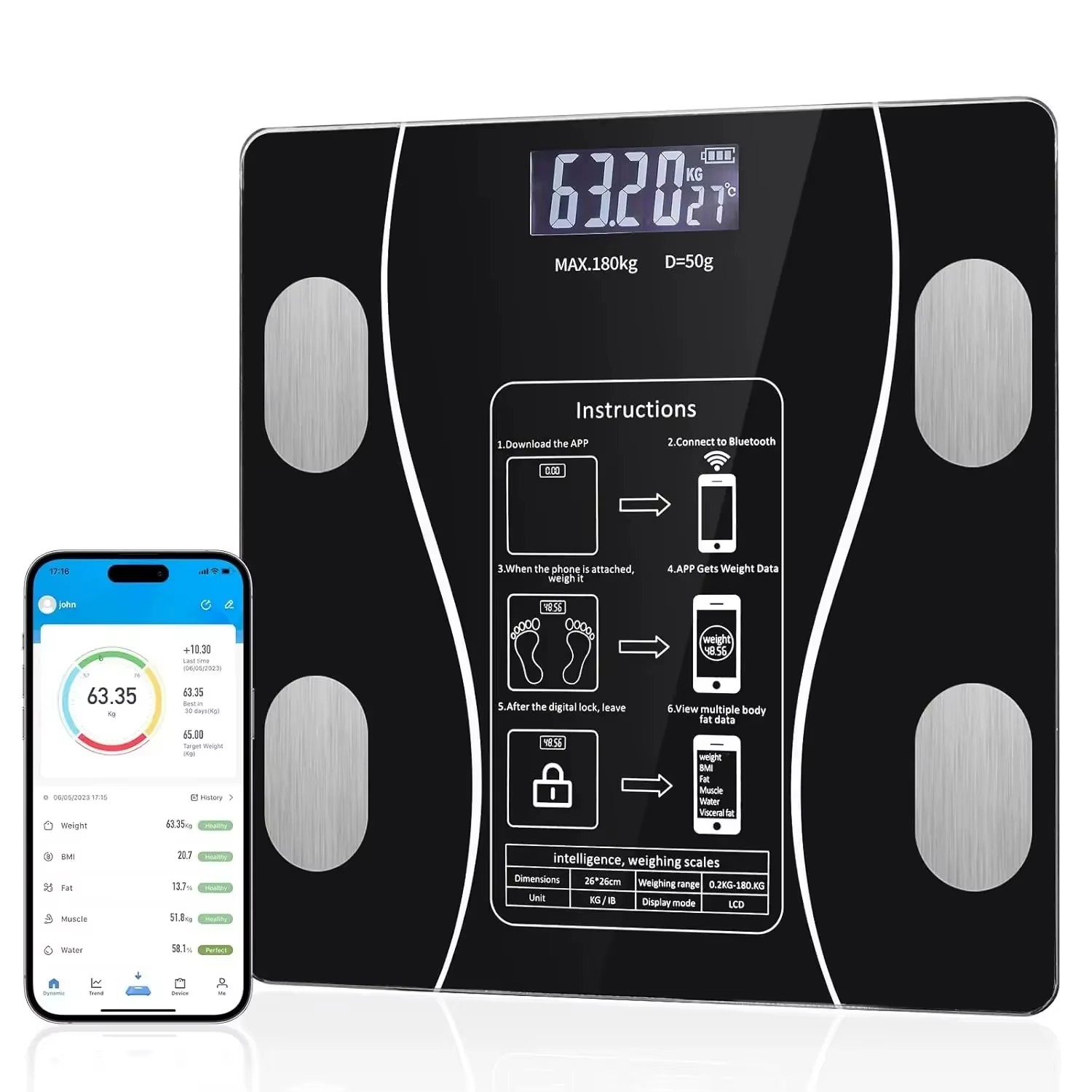 Electronic Digital Body Weight Scale 180kg | Tempered Glass Bathroom Weighing Machine | Body Weight Scale Smart LED Display Health Weight Scale | Household Personal Body Weight Machine | Accurate Digital Weighing Scale for Home Gym
