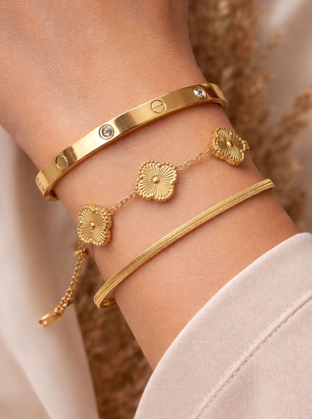 3 Pcs Stainless Steel Bracelet Set for Women – Gold & Silver Variants – Adjustable Chain, Flower Design & Crystal Bangle