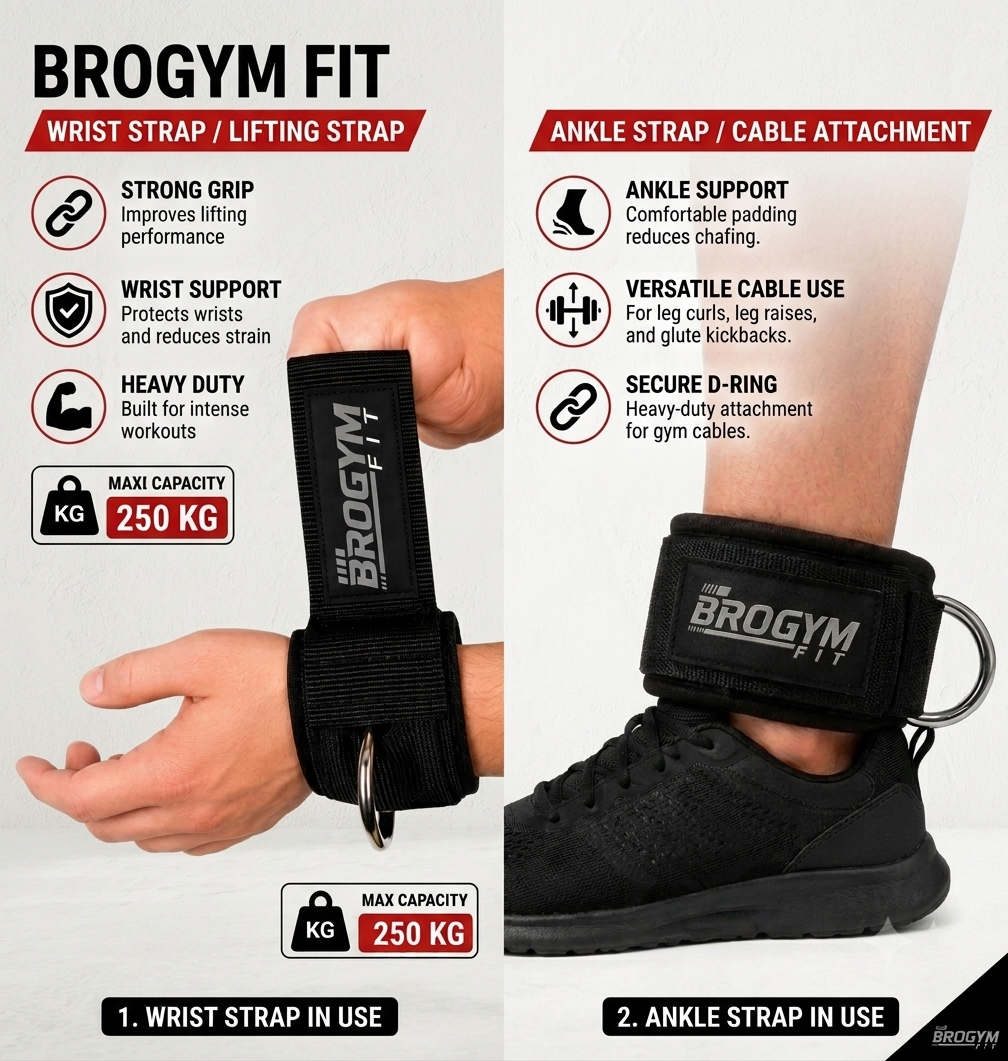 BROGYM FIT Premium Ankle Cuffs for Cable Machines – Adjustable Gym Workout Straps