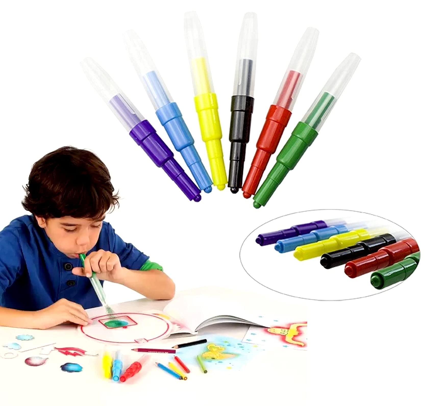 Kids Blow Pens, Plastic Fluorescent Glowing Drawing Colouring Pens with 8 Templates Kids Educational Blow Airbrush Marker Blow Airbrush Pen, Colouring Safe Sealing Lid Fluorescent Rich Color Kids Blow Pens for Early Learning for Toddlers