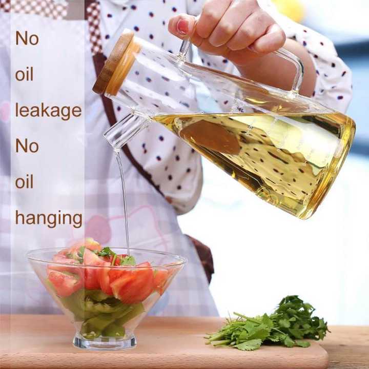 Glass Oil Dispenser | Glass Oil Bottle with Wooden Cap | Kitchen Oil Pourer |