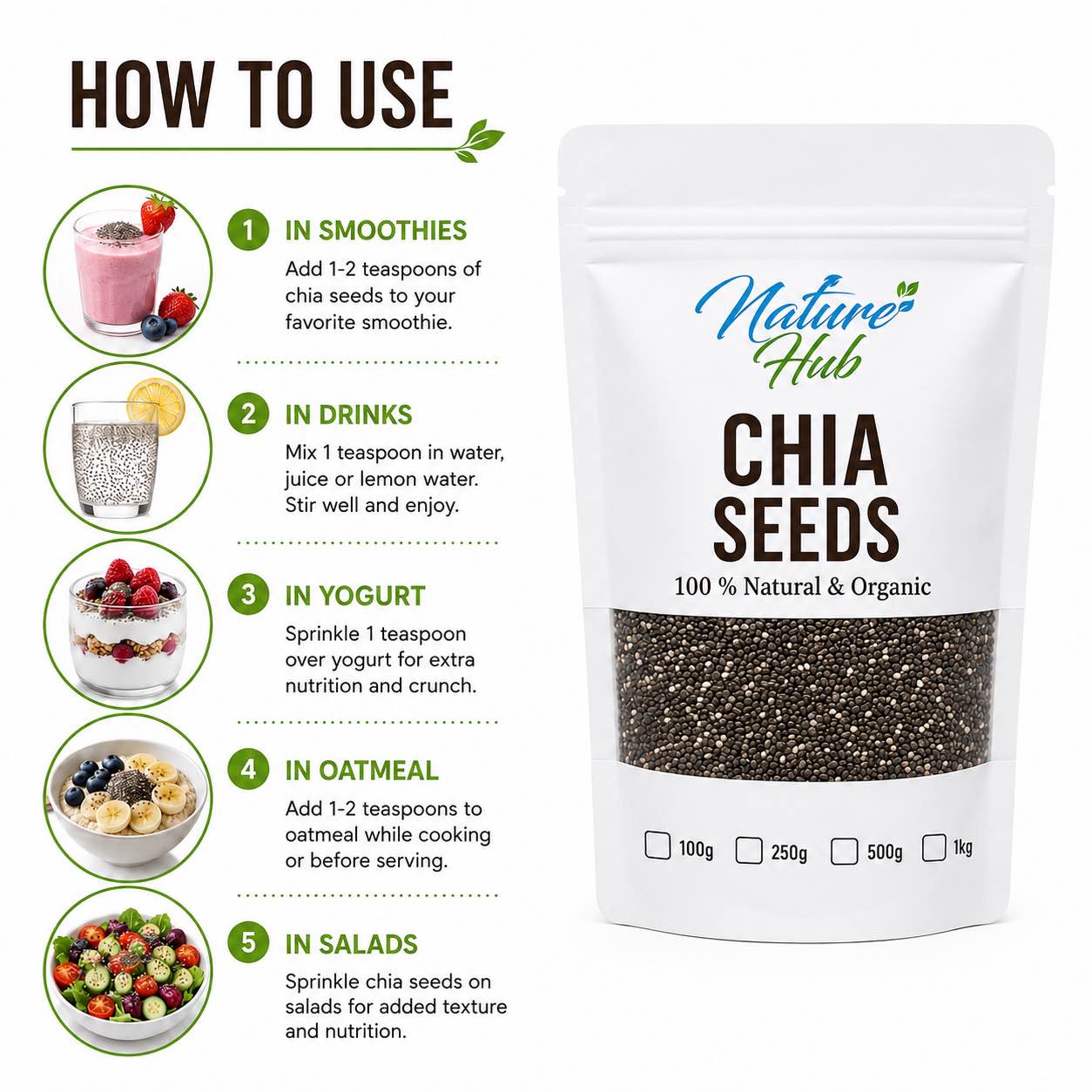 Nature Hub Chia Seeds 100% Natural & Organic | Superfood Rich in Fiber, Omega-3 & Protein | 50g | 100g | 250g | 500g | 1kg