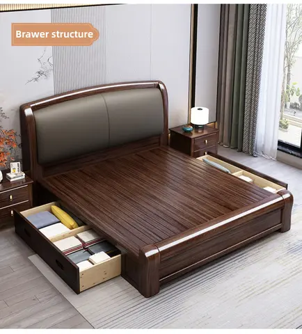 Espresso Wooden king Size Bed with 2 Side Tables One Sided Under storage