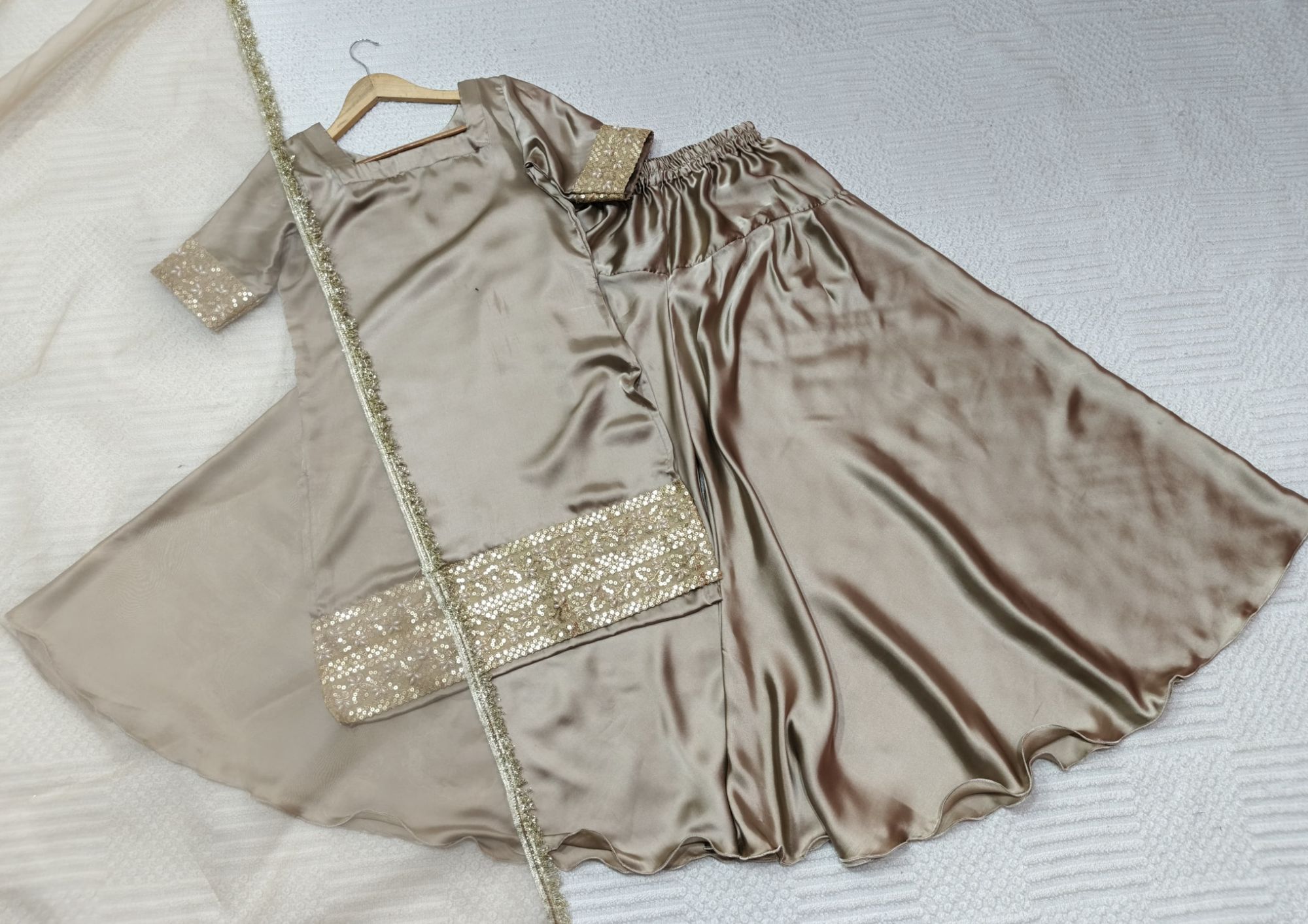 trending sharara shirt fashion style on Russian silk fancy collection on 3 piece suit for girls