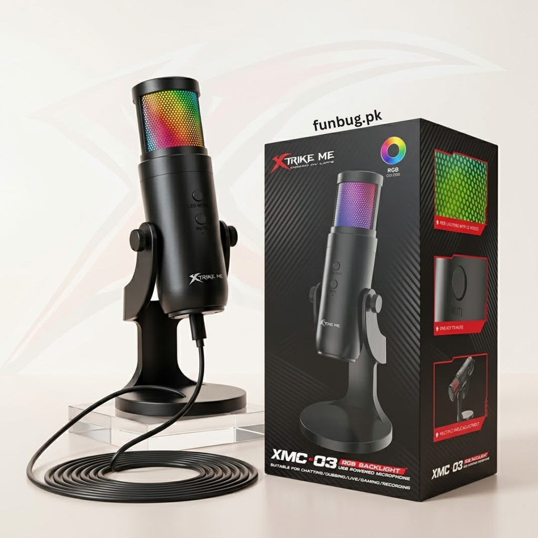 Xtrike-Me Professional Condenser Microphone for Studio Recording - USB Powered Omnidirectional Dynamic Gaming Mic for Mobile, PC, Desktop, Podcasting, Live Streaming, Singing, ASMR, Youtube - 12 RGB Lighting Modes - 360° Rotatable Body - XMC03 by FunBug