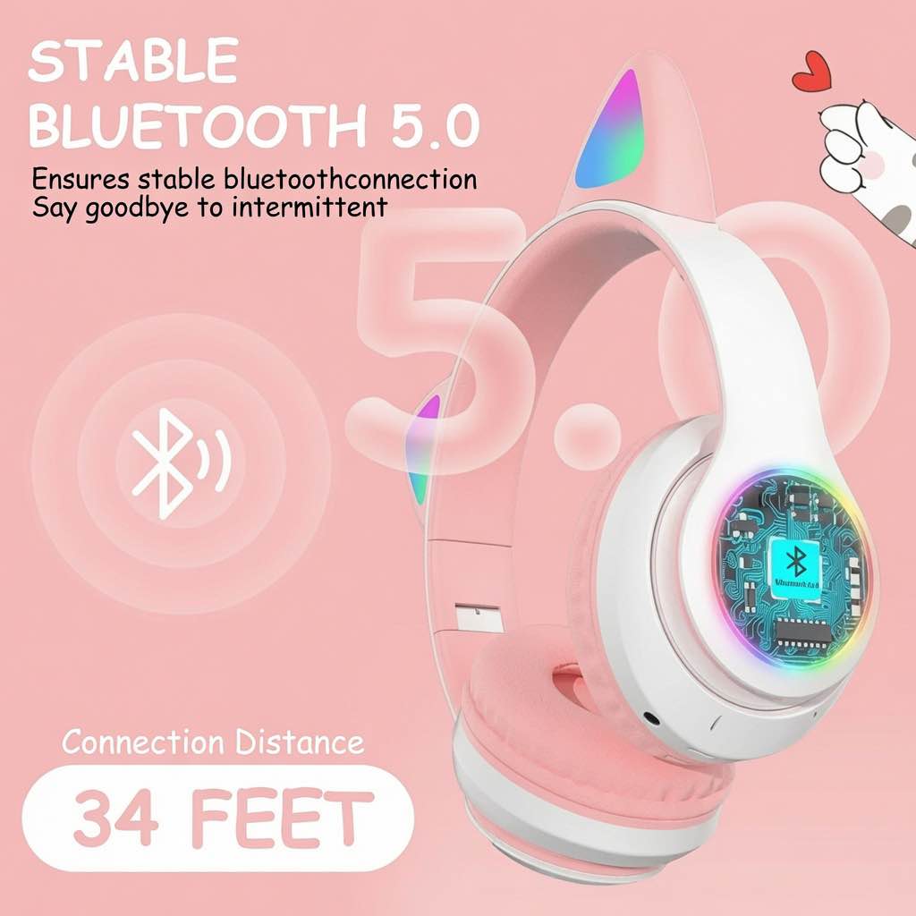 STN-28 Cat Wireless Headphones Bluetooth Over-Ear Headset with Cute Cat Ears
